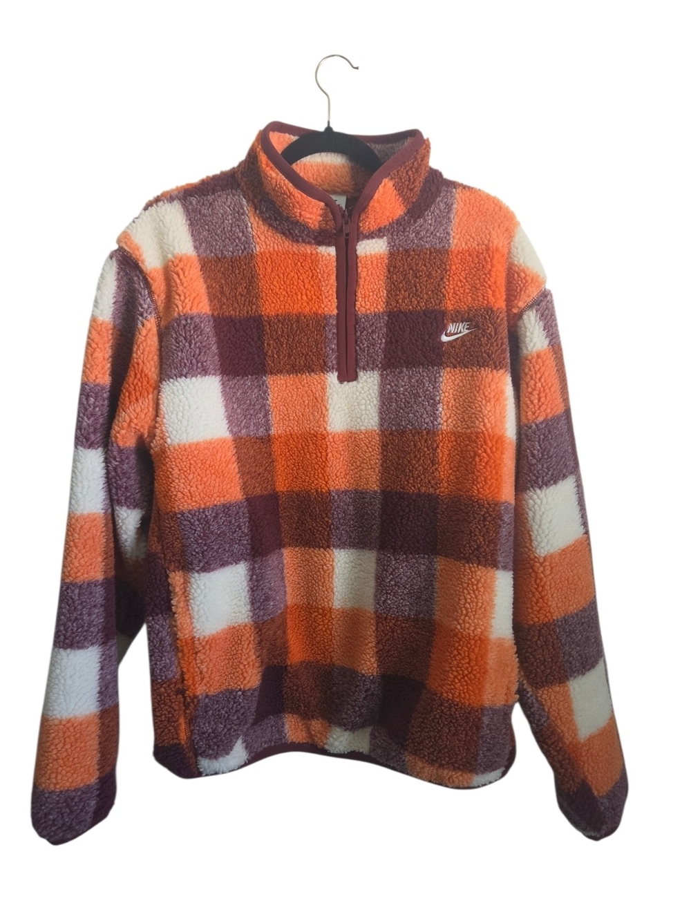 NWT Nike Orange & Burgandy Checkered Sherpa Quarter-Zip Pullover